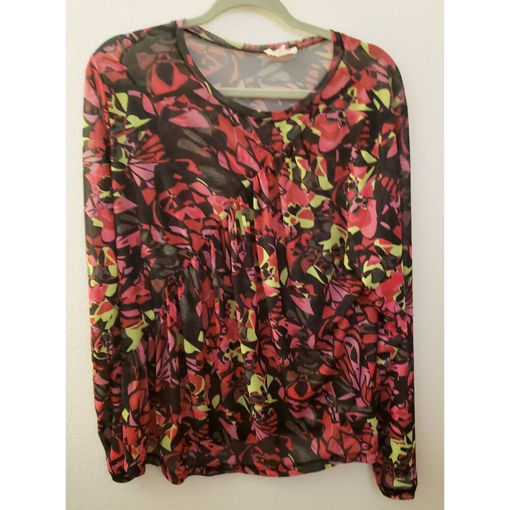 Open Edit Sheer Mesh Multicolor Long Sleeve Top With Ruching 3X EUC
